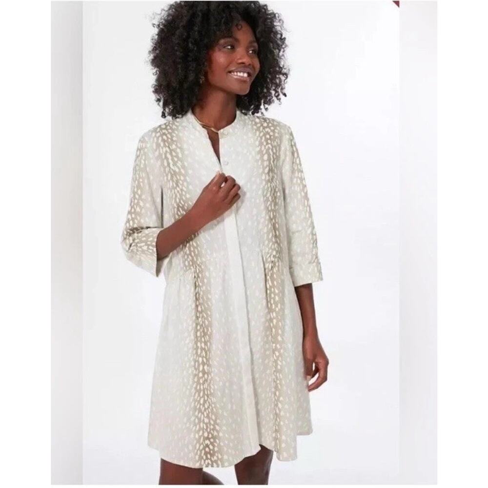 Tuckernuck Antelope Royal Shirt Dress XS White Tan Print 3/4 Sleeve Pockets